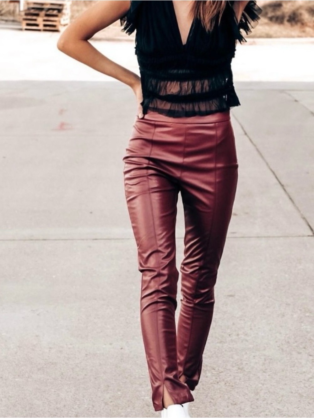 High-Rise Skinny Faux Leather Pants in Burgundy